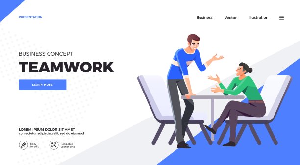 演示幻灯片模板或登陆页面网站设计。业务概念插图。现代公寓风格。团队合作理念图片下载