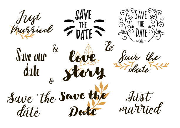 保存日期集合与手绘字母，&符号和流行语。设置为设计婚礼请柬，照片叠加和保存日期卡。婚礼发明刻字套。向量。图片下载