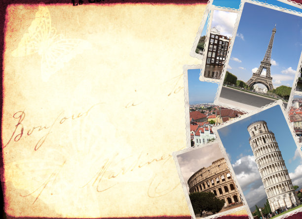 复古旅行背景与欧洲地标的复古照片图片下载