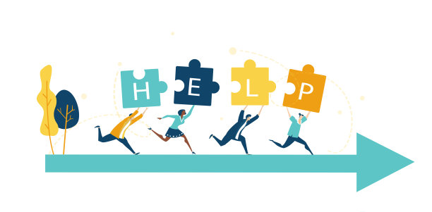 一群年轻的商业人士跑着，举着“帮助”的标志，象征着合作、解决问题、思考创意、支持和团队合作的理念。素材图片