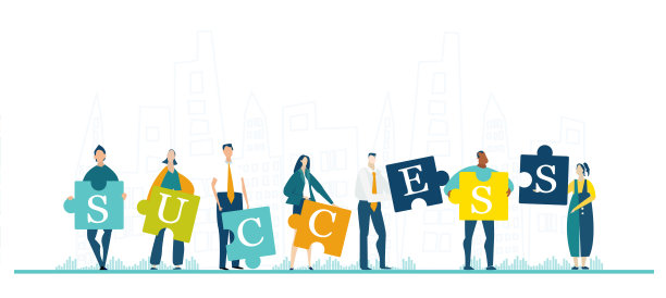 一群年轻的商业人士拿着以成功标志为象征的拼图，协作，解决问题，思考创意，头脑风暴和团队理念。图片下载