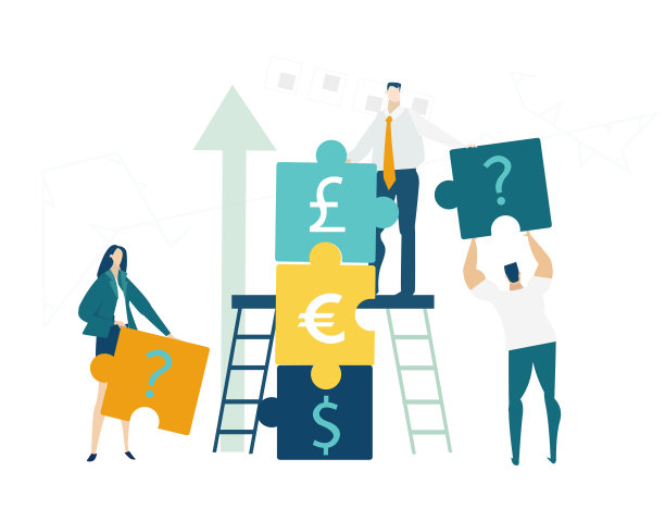 一群年轻的商业人士以拼图作为合作的象征，解决问题，思考创意，头脑风暴和团队合作的概念。平面插画风格。素材图片