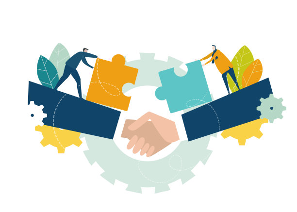 一群年轻的商业人士一起工作，以拼图作为合作的象征，解决问题，思考创意，头脑风暴和团队概念。平面插画风格。素材图片
