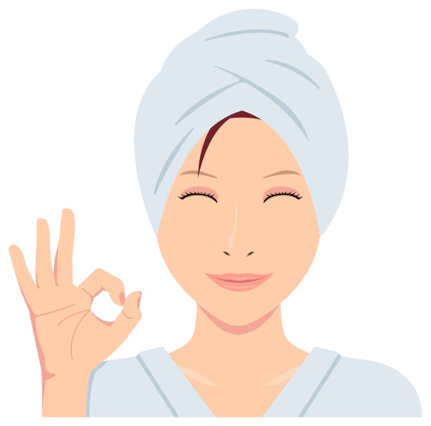 年轻的亚洲女性面部矢量插图(刚从浴室出来)/微笑的ok标志图片下载