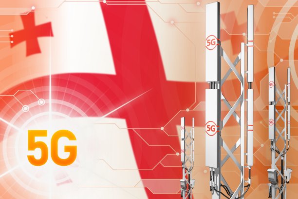 乔治亚州5G工业插图，大型蜂窝网络桅杆或塔的数字背景与旗帜- 3D插图图片下载