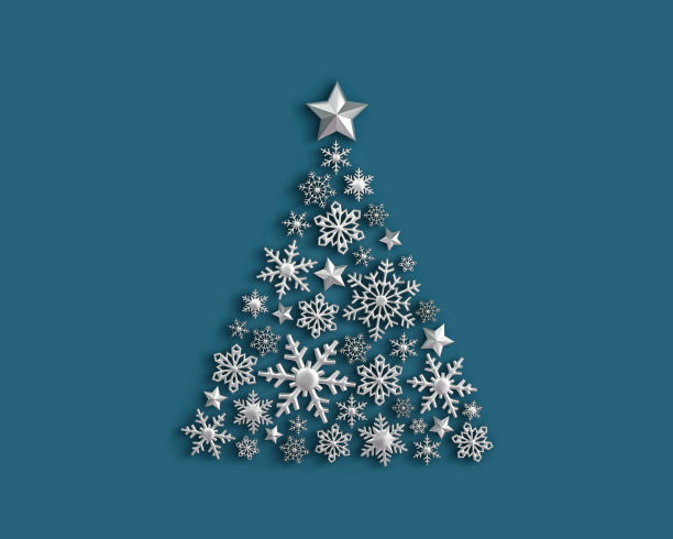 银色的雪花在蓝色的圣诞树的形状图片下载