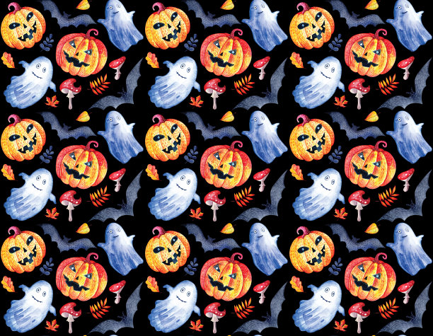 无缝背景有趣的幽灵，南瓜，蝙蝠万圣节在黑色水彩背景。装饰为秋假日。神秘、美妙、有趣的风格。明亮的包装背景图片下载