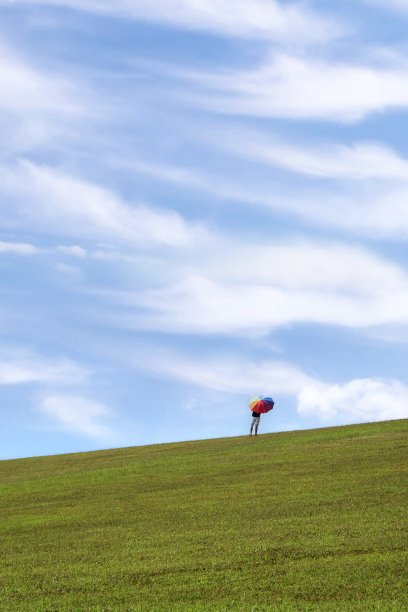 一个撑着彩虹伞的男人，在倾斜的绿色田野上，天空晴朗图片下载