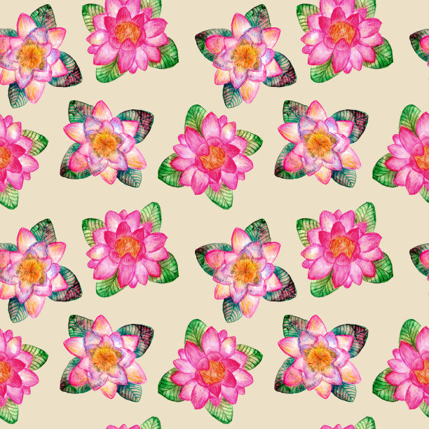 水彩沼泽植物和香草无缝模式与粉红色睡莲在米色背景。图片下载