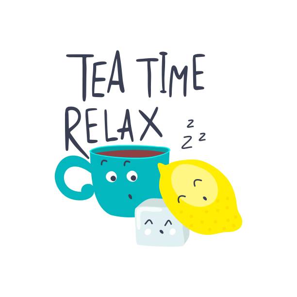 有趣的卡通茶杯脸柠檬和方糖。可爱的t恤设计。下午茶时间放松。矢量插图，卡通平面风格。图片下载