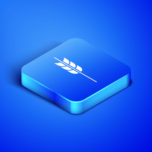 等距谷物设置大米，小麦，玉米，燕麦，黑麦，大麦图标孤立在蓝色背景。小麦穗是面包的象征。蓝色方块按钮。矢量图图片下载