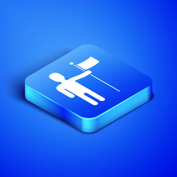 等距人举着旗帜图标孤立在蓝色背景。蓝色方块按钮。矢量图图片下载