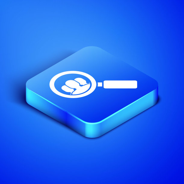 等距放大镜搜索人图标孤立在蓝色背景。招聘或选拔概念。寻找雇员和工作。蓝色方块按钮。矢量图图片下载