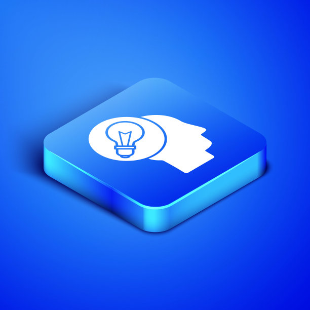 等距人的头与灯泡图标隔离在蓝色背景。蓝色方块按钮。矢量图图片下载