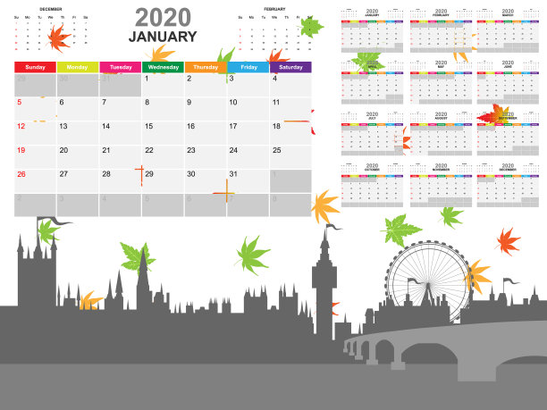 日历模板2020年与伦敦城市的背景收集。2020年计划和创建清单的模板。向量EPS10图片下载