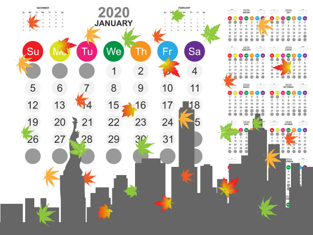 日历模板的2020年与纽约城市的背景收集。2020年计划和创建清单的模板。向量EPS10图片下载