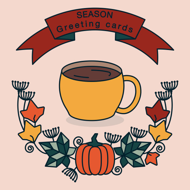 秋天，秋天的季节装饰，季节贺卡，设计元素，一杯咖啡和南瓜架图片下载