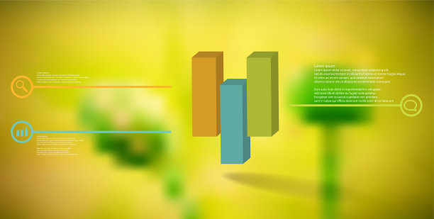 3D插图信息图模板。浮雕立方体垂直分为三个移位的部分。物体被安排在模糊的照片上。两边都有带标志的线条。图片下载