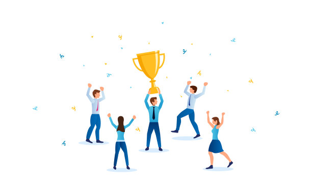 商业团队成功，男子手持金杯，人们在白色背景上的平面图标设计中跳跃图片下载