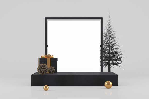 3D空框架与圣诞树抽象的最小新年，圣诞节的概念图片下载