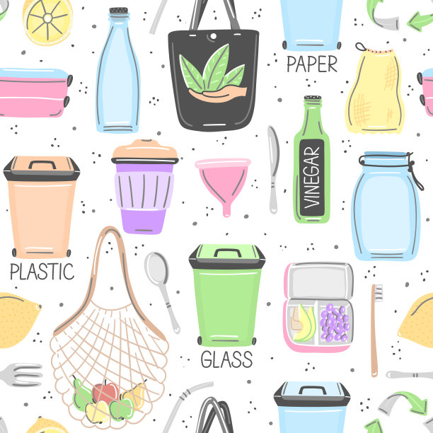 矢量无缝模式与手绘零废物对象。环保的生活方式。自然的护理。拯救地球。走绿色图片下载