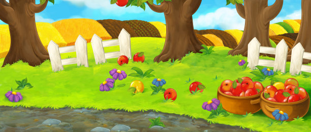 卡通自然场景与果园和农田-空舞台不同用途图片下载