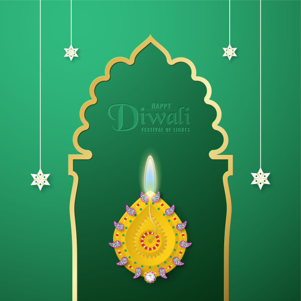 排灯节是印度的节日灯节邀请背景，网络横幅，广告。剪纸和工艺风格的3D矢量插图设计。色调为深绿色。图片下载