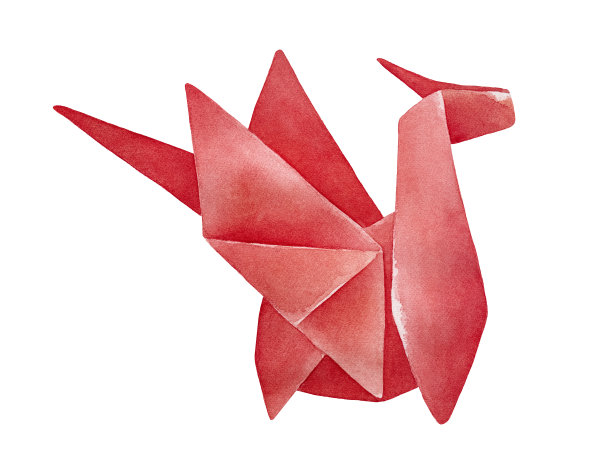 红色折纸龙水彩画。象征着力量，冒险，能量，掌控，保护。手绘水彩图形绘画在白色的背景，剪纸剪辑艺术元素的创意设计。图片下载