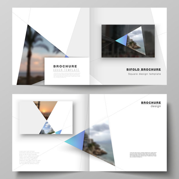 矢量布局的两个封面模板为方形设计双折宣传册，杂志，传单，小册子。创造性的现代背景与蓝色三角形和三角形形状。简单的设计装饰。图片下载