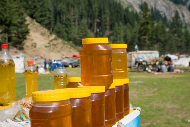 罐装新鲜的山蜂蜜库存照片，新鲜的食品项目图片下载