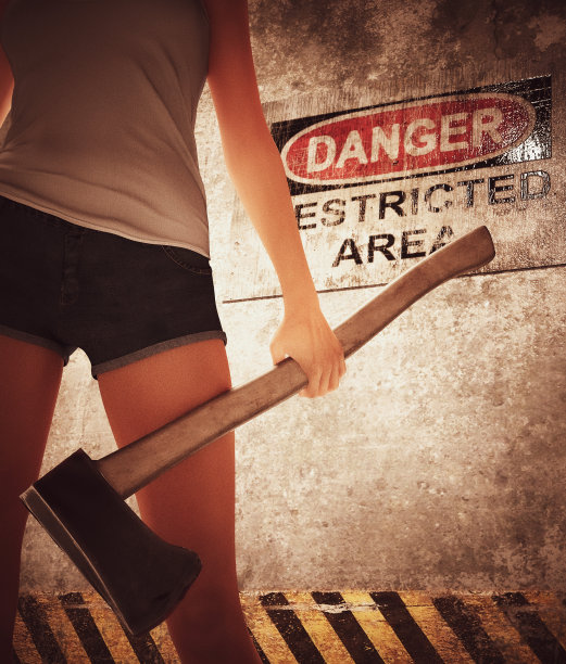 禁区内拿着斧头的女人，3d渲染图片下载