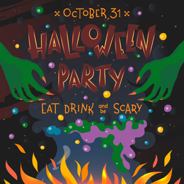 印有字母的万圣节海报，女巫的手和装有魔法药水的大锅图片下载