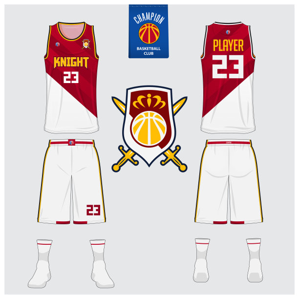 篮球俱乐部篮球服模型模板设计。背心t恤的篮球运动衫模型。前视图，后视图篮球衫。图片下载