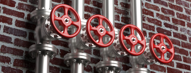 工业管道和阀门与红色车轮的砖墙背景。三维演示图片下载