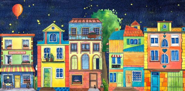 夜晚的水彩街有咖啡馆、房子、花店和猫。图片下载