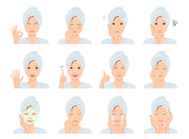 年轻的亚洲女性面部矢量插图(刚从浴室出来)设置/微笑，烦恼，痤疮，头痛，清洁，竖起大拇指，ok标志等。图片下载
