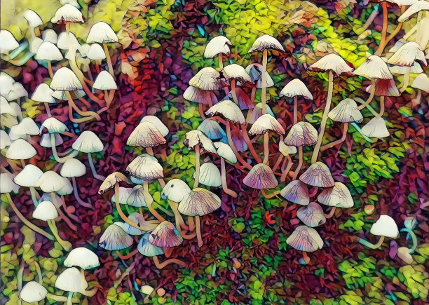 一群白色野生小蘑菇在长满青苔的老枯树上生长的摄影艺术照片图片下载