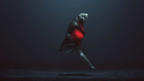 黑色芭蕾舞者恶魔跳跃通过空气包裹在一个黑色透明塑料发光的红色未来右视图图片下载