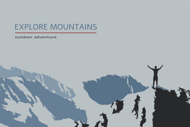 男子高举双手站在山顶，户外探险。平面设计矢量图图片下载