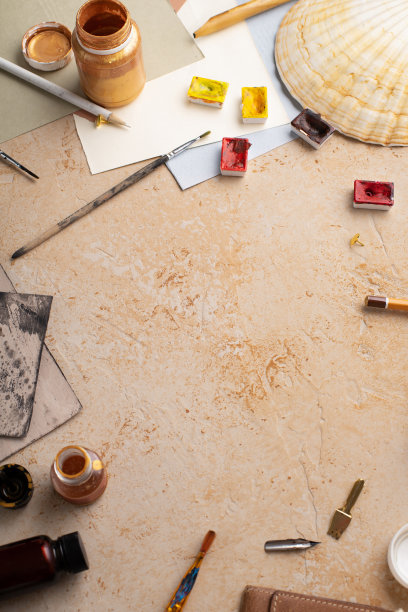 flatlay艺术家的工作空间。以乡村为背景的艺术设备。带拷贝空间的开销图像。图片下载
