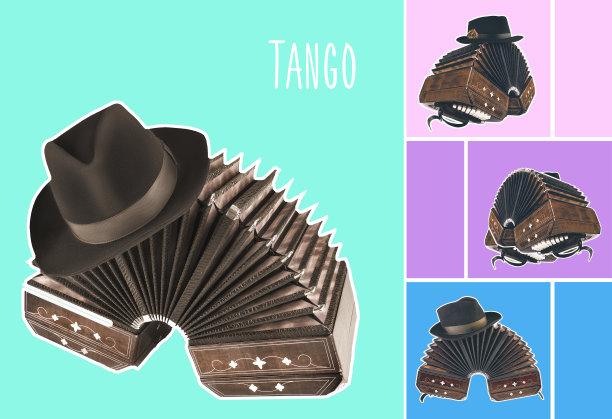 Bandoneon，探戈乐器与一顶男性帽子与白色边界上的粉彩背景图片下载