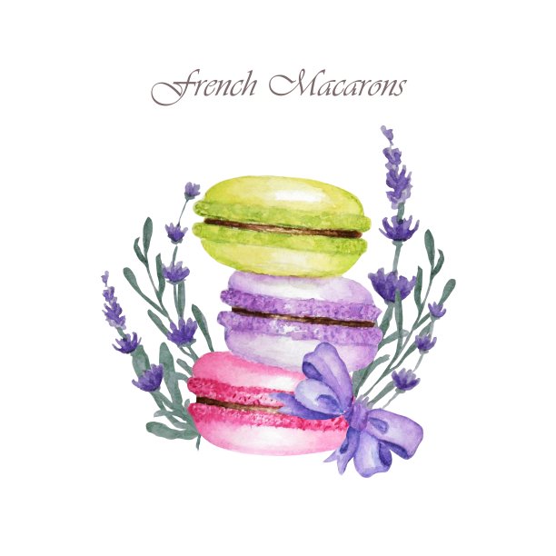 手绘水彩法式马卡龙蛋糕构图，以薰衣草花和紫色蝴蝶结，法式糕点甜点。孤立在白色背景的杏仁饼干，甜而漂亮的甜点。图片下载