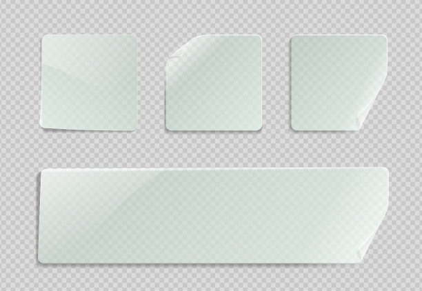 矢量空白透明塑料方形不干胶贴纸模型与弯角。空二次粘性标签横幅模型与折叠。玻璃表面清晰的贴标模板图片下载