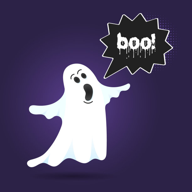 飞行万圣节有趣的幽灵人物说BOO与文字空间在语音气泡矢量插图隔离在黑暗的背景图片下载