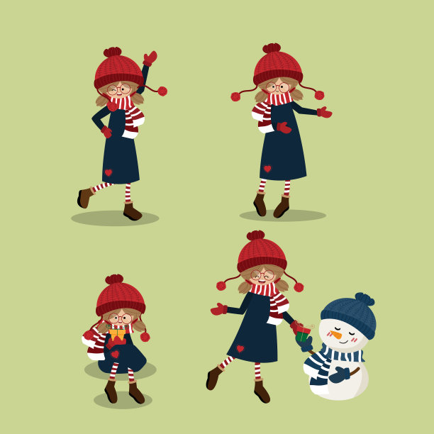 具有圣诞节元素的可爱女孩冬装，用于节日或派对邀请的圣诞卡通人物设计矢量插画图片下载