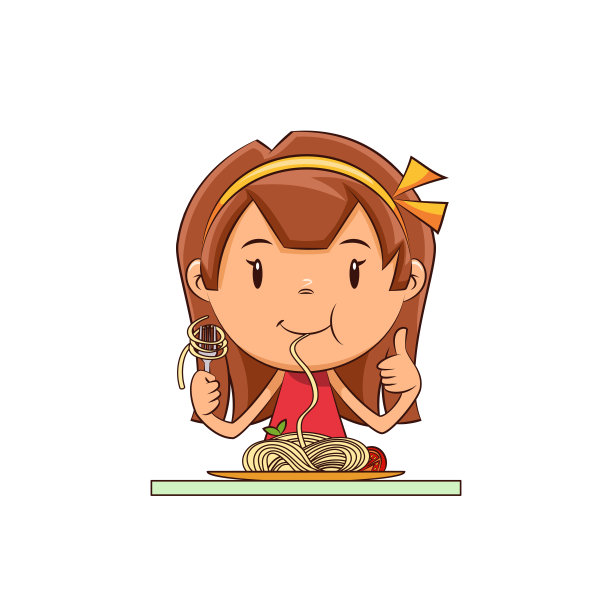 女孩吃意大利面，快乐可爱的孩子图片下载