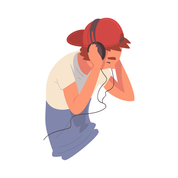 男孩戴着耳机听音乐和跳舞，男孩使用智能手机或音频播放器矢量插图图片下载