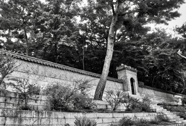 韩国传统宫殿昌德宫，黑白照片图片下载