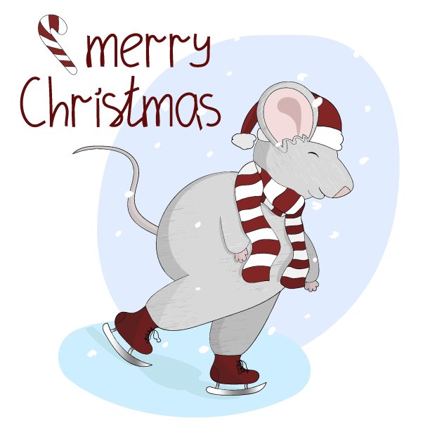 可爱的灰色老鼠戴着红色的圣诞帽和围巾，在冰上溜冰。老鼠在溜冰场。刻字圣诞快乐。图片下载
