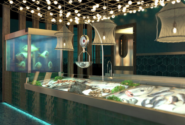 店内有新鲜的鱼和海鲜。鱼市设计方案。水族馆里的活鱼和冰上陈列的鲜鱼。三维渲染图片下载